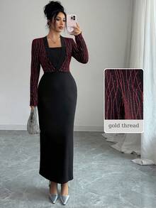 Modelyn Women's Splice Foil Striped Long Sleeve 2 In 1 Fitted Elegant Luxurious Dress - Red - View 5