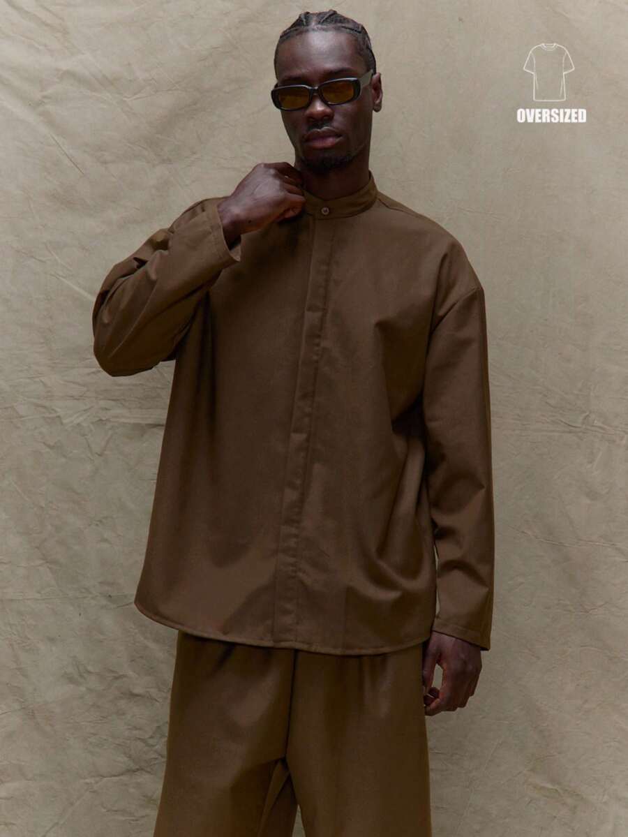 Musero Oversized Long Line Basic Hidden Placket Grandad Collar Jacket Fall SPRING SUMMER - Brown - View 1