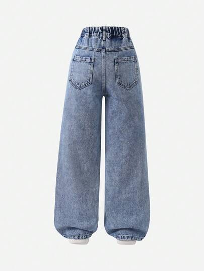 Elladie kids Quần jean ống đứng dáng rộng phong cách Y2K cho bé gái tuổi teen, chất liệu denim xanh cổ điển cỡ trung, vải mềm mại và thoải mái, thích hợp để đi học, đi làm, mặc hàng ngày, thời trang và đa năng, xuân/hè/thu/đông
