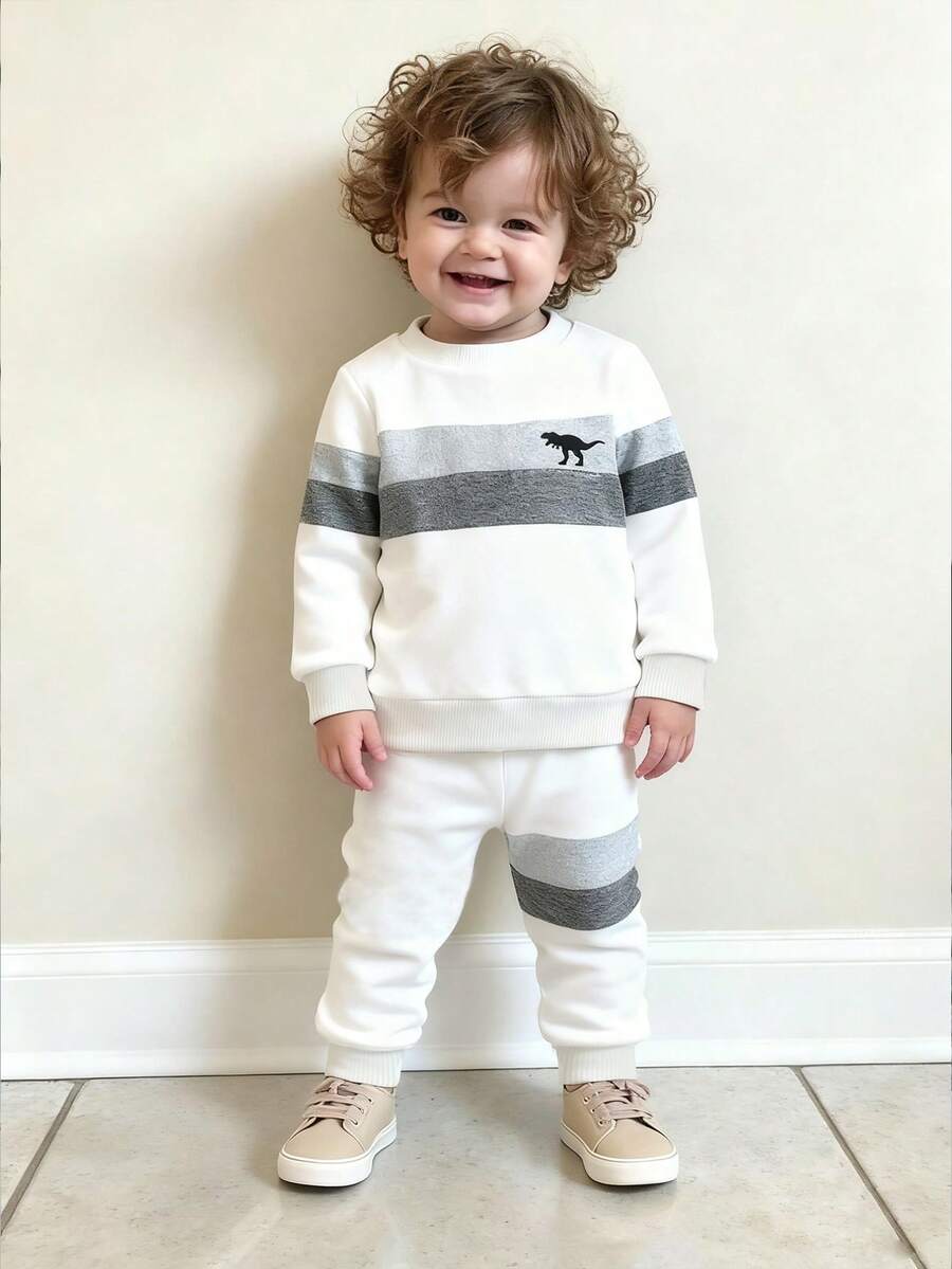 2 Stück Kleinkind Jungen Trainingsanzug, lässiger Pferde-Muster Farbblock Rundhals Langarm Sweatshirt & Hose Set, Herbst/Winter