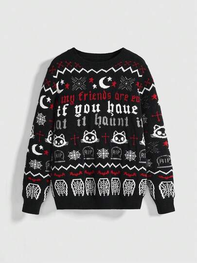 Goth Suéter holgado con estampados góticos de esqueleto, murciélago, cabeza de toro, copo de nieve, cruz de estilo Fair Isle y telaraña