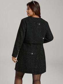 SHEIN LUNE 2 件加大码套装：优雅粗花呢外套和连衣裙，金色纽扣装饰 - 黑色 - 查看 10