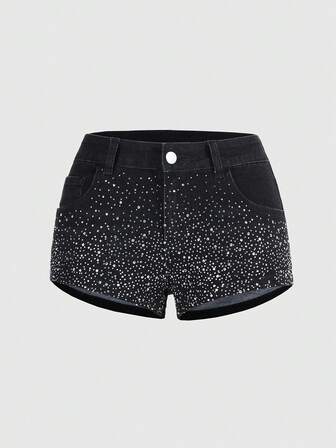Grunge Punk Shorts vaqueros cortos y ajustados con tachuelas de strass de cintura súper baja y sexy para mujer