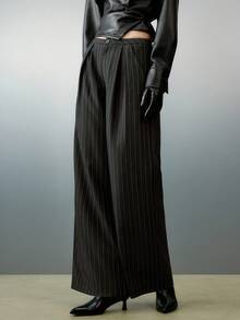 女士条纹蕾丝系带裤，秋冬商务休闲装 - 深灰色 - 查看 1