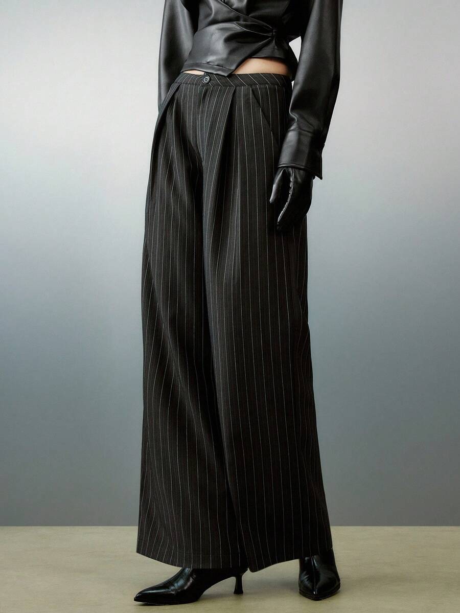 女士条纹蕾丝系带裤，秋冬商务休闲装 - 深灰色 - 查看 1