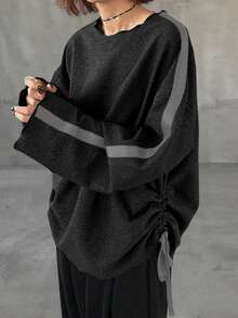 FRIFUL Camiseta de manga larga holgada y versátil para mujer con cuello redondo en gris oscuro, decoración de rayas de contraste, abertura lateral con cordón, puños y bajo con ribete, hombros caídos, para otoño - Negro - Ver 3