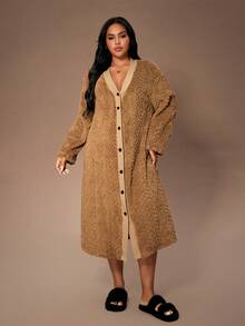 Lazeform Camicia da notte lunga e soffice in jacquard con bottoni e colori a contrasto, per taglie comode, adatta per l'autunno/inverno