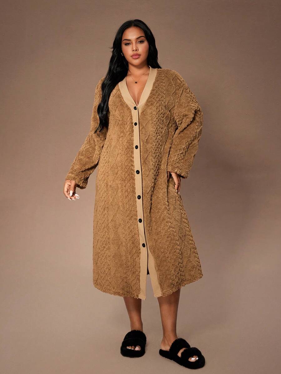 Lazeform Camicia da notte lunga e soffice in jacquard con bottoni e colori a contrasto, per taglie comode, adatta per l'autunno/inverno