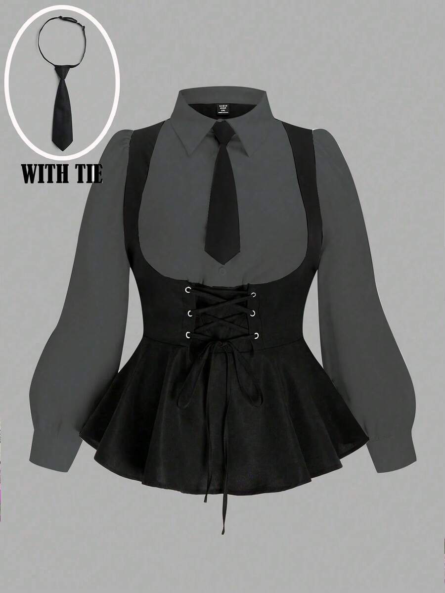 Sweetra Plus Size U-Neck Solid Color Contrast Keyhole Front Drawstring A-Line Long Sleeve Shirt Peplum Top - Dark Grey - View 1