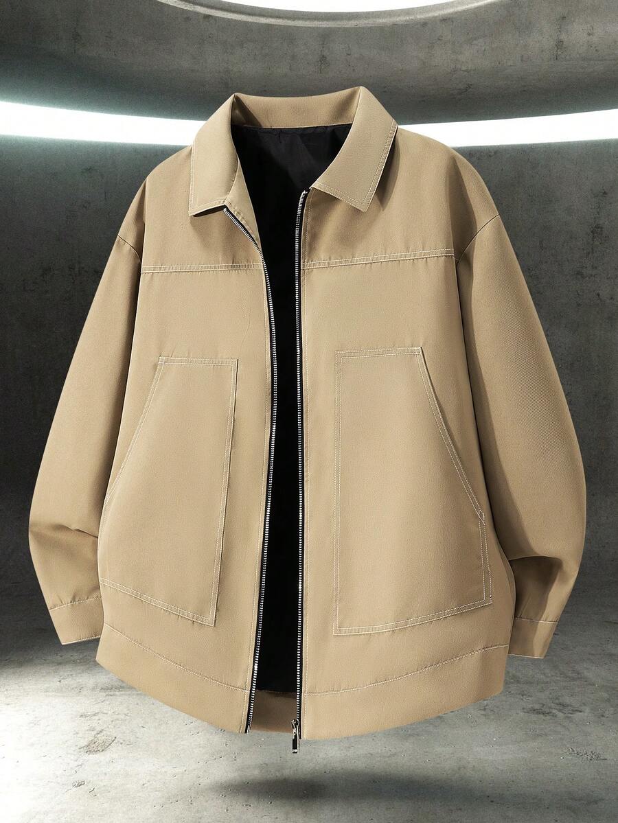 Manfinity Roghcode Men's Casual Solid Khaki Autumn Streetwear Work Jacket,Simple Patchwork Slant Pocket Zip-Up Oversized Shacket,Everyday Commute Light Brown Jacket - Khaki - View 1