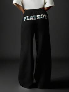 Missguided x Playboy MISSGUIDED Wide Leg Joggers With Drawstring Waist And Logo Detail For Casual Loungewear