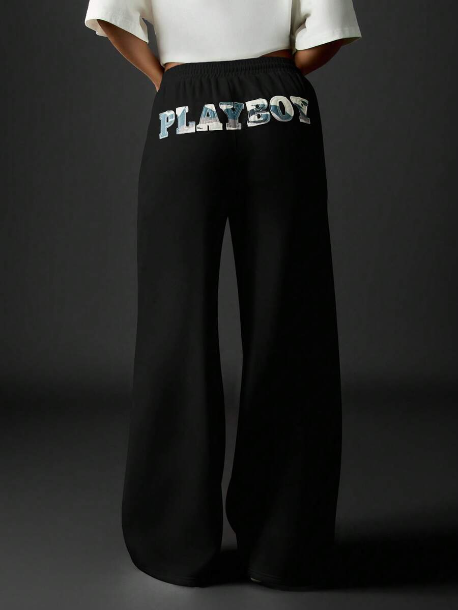 Missguided x Playboy MISSGUIDED Wide Leg Joggers With Drawstring Waist And Logo Detail For Casual Loungewear