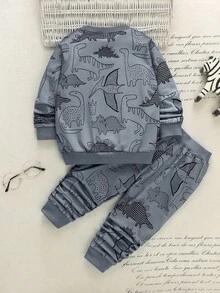 SHEIN 2 件套年轻男孩卡通恐龙印花长袖运动衫和运动裤休闲装，秋季 - 彩色 - 查看 2