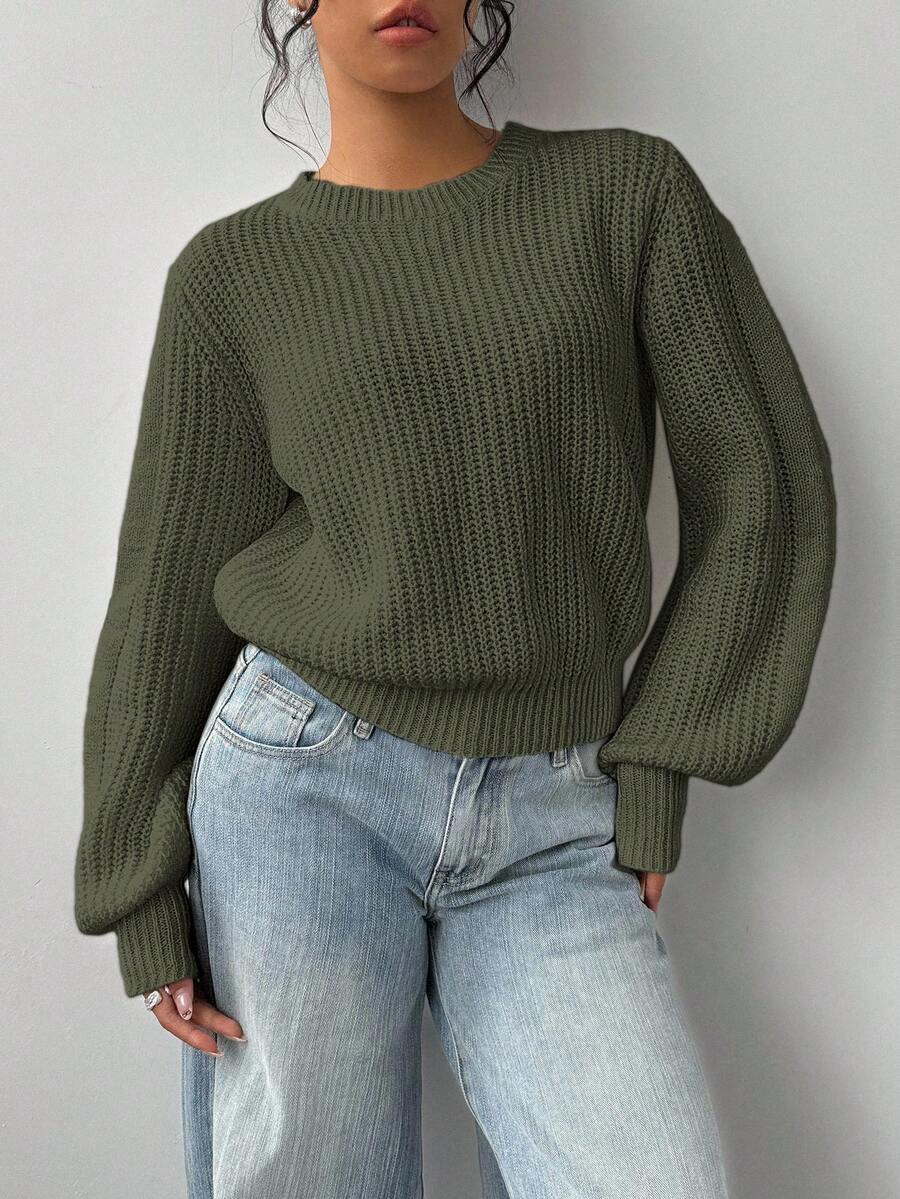 SHEIN BASICS 女士休闲纯色圆领落肩毛衣,秋冬 - 軍綠色 - 查看 1