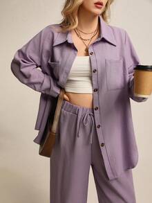 Juhart Plus Size Solid Color Drop Shoulder Long Sleeve Loose Front Button Casual 2 Pieces Set - Purple - View 6