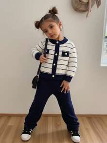 SHEIN Vintaside Kids 2pcs Baby Girls Striped Pattern Round Neck Button Front Long Sleeve Top And Solid Color Pants Sweater Set - Royal Blue - View 5