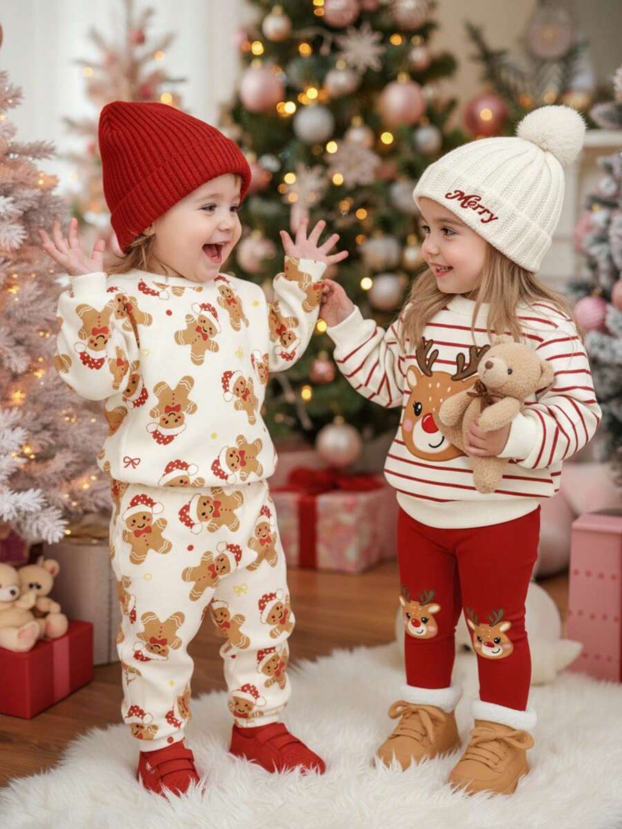 SHEIN Blanco crema, estampado de hombrecillo de jengibre de Navidad lindo y de dibujos animados, conjunto de sudadera con capucha y pantalones holgados, de ajuste casual para niña, de cuello redondo, cómodo, grueso, suave y cálido, adecuado para uso diario en otoño/invierno, hogar, Navidad, Año Nuevo, vacaciones