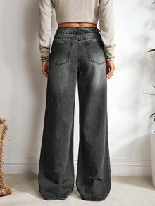 EMERY ROSE Women Casual Relaxed Straight Leg Washed Jeans ,Petite Women - Black - View 2