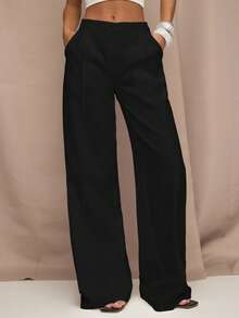 SHEIN BAE Quần ống rộng màu trơn thoải mái hàng ngày đi làm văn phòng cho nữ, dáng rộng có túi xéo - màu đen - Xem 1