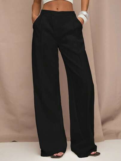 SHEIN BAE Women's Casual Everyday Office Commute Solid Color Loose Fit Wide Leg Pants With Slant Pockets
