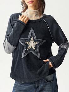 Bohemela 休闲针织拼布圆领宽松长袖女式T恤 - 彩色 - 查看 5