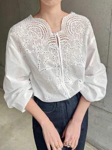 FRIFUL Women's White Loose Lace Collar Cotton Embroidered Blouse, Elegant For Spring/Summer