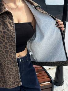 Dazy Plus Plus Size Women Vintage Zipper Front Lapel Leopard Print Denim Jacket, Streetwear Style, Spring/Autumn - Khaki - View 8