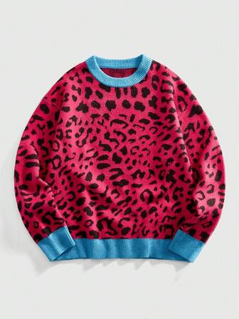 Street Life Pull tricoté à motif léopard casual pour homme, col rond, manches longues, automne/hiver