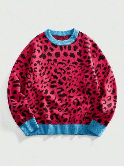 Street Life Pull tricoté à motif léopard casual pour homme, col rond, manches longues, automne/hiver