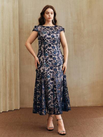 Anewsta Champagne Elegant Floral Mesh Sequin Short Sleeve Dress, Suitable For Party, Date, Resort Wear, Spring/Summer Outfits