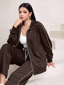 Mulvari 2pcs Set Women Raglan Sleeve Zip-Up Colorblock Elegant Cardigan And Pants - Brown - View 3