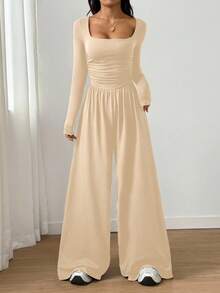 Flirla Jumpsuit Wanita Kasual Warna Polos dengan Leher Persegi - Aprikot - View 4