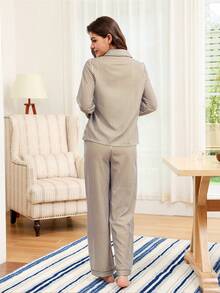 Doze Lane Brown Striped Double-Layered Bow Decor Pocket Comfortable Casual Top & Pants Pajama Set For Women, Winter Clothes - Brown - View 3