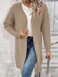 SHEIN LUNE 纯色中长款休闲开衫，秋冬 - 駝色 - 查看 5