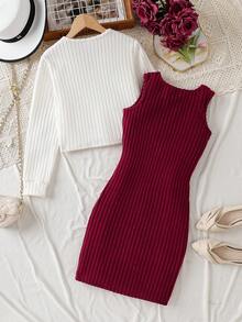 2pcs/Set Girls Red Heart Embroidery Cardigan & Dress, Fashionable European Style, Spring/Autumn - Red and White - View 3