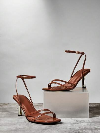 SHUZIA Ladies' Fashionable Chocolate Patent Square Toe Sexy Heeled Ankle Buckle Strap Dance Holiday Party Spring Summer Sandal Shoe