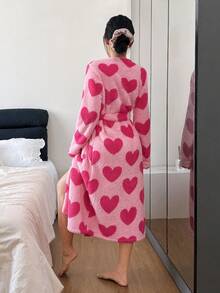 SHEIN 女士爱心印花抓绒长袖蓬松舒适睡袍，冬季 - 粉色 - 查看 6