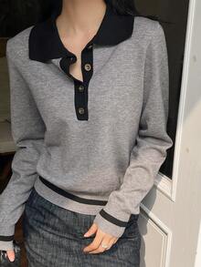 DAZY Women's Contrast Color Pullover Sweater, Elegant Long Sleeve Knit Top - Grey - View 4