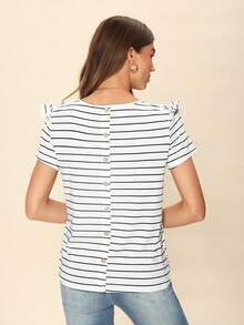 SHEIN LUNE Back Button Black & White Striped Short Sleeve T-Shirt For Women - Black and White - View 2