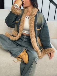 Rivivi Women's Retro Frayed Hem Fashionable Drop Shoulder Long Sleeve Warm Denim Jacket With Thermal Lined, Winter - Blue - View 1