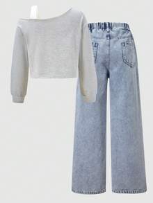 Sparklyn 2 件套青少年女孩宽松休闲图案印花无袖肩部运动衫和浅蓝色牛仔裤套装，适合日常、通勤、休闲、聚会 - 灰色 - 查看 2