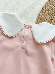 SHEIN Vintaside Kids 女童刺绣彼得潘领长袖公主裙，舒适时尚，适合日常穿着，春秋季 - 粉色 - 查看 4