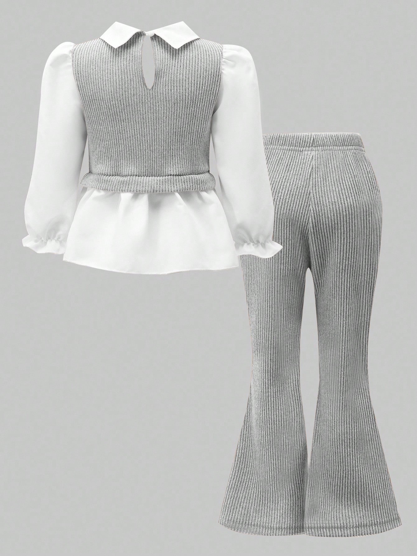 مجموعة قميص كاجوال للبنات، تصميم فيونكة رمادي فاتح...