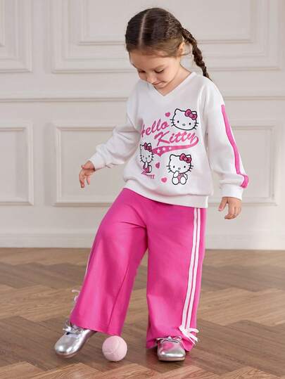 2 st/set för ung flicka, söt kattunge, hjärta, bokstäver, grafisk v-ringning, färgblock, långärmad tröja och vida ben, stickad träningsoverall för avslappnad bruk