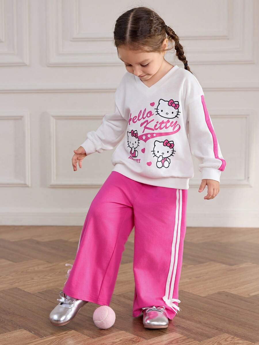 HELLO KITTY AND FRIENDS | SHEIN 2pcs/Set Young Girl Cute Kitty Cat Heart Letter Graphic V-Neck Colorblock Long Sleeve Sweatshirt & Wide Leg Knit Casual Tracksuit
