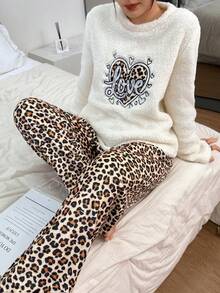 SHEIN Love Embroidered Fluffy Top And Flannel Leopard Print Pants Women Cozy Pajama Set, Winter Clothes - Black - View 5