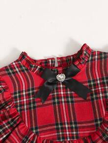 SHEIN Tween Girls' Casual Red Plaid Patchwork Ruffle Hem Long Sleeve Cinched Waist Flared Dress, Autumn/Winter