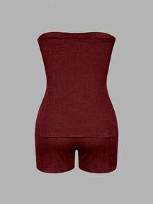 INAWLY 1 套女式纯色侧开衩下摆抹胸和修身短裤两件套，夏季