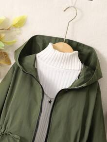 少女束腰连帽轻薄中长款夹克，适合秋季日常穿着 - 軍綠色 - 查看 9