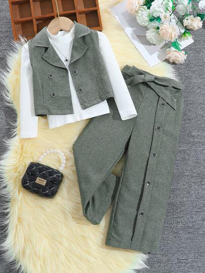SHEIN 3 件套女童通勤休闲风格时尚罗纹针织上衣、纹理面料背心、纽扣装饰裤，秋冬